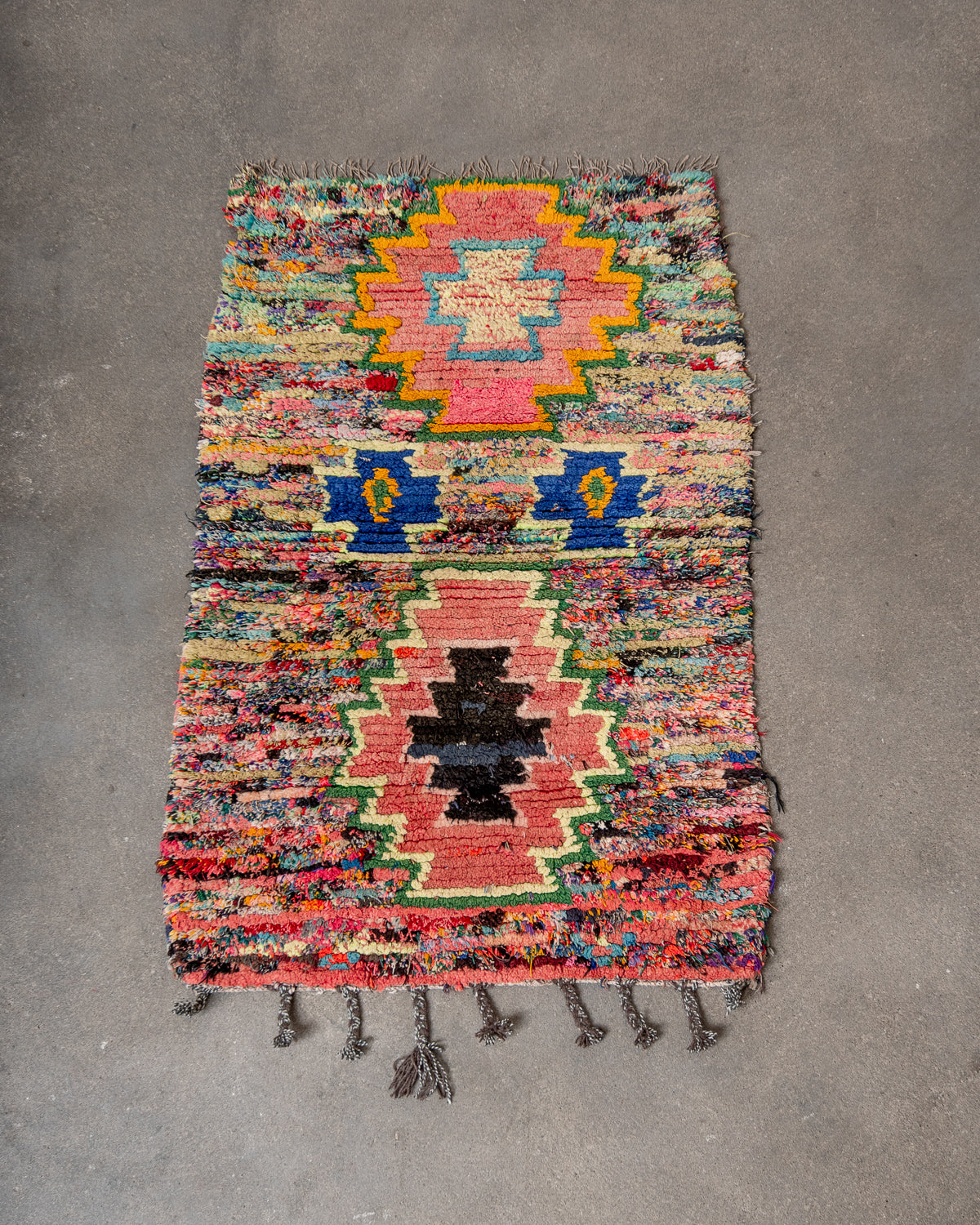 Modern, designer, handcrafted Berber runner rug from Morocco. Vintage carpet with beautiful colours and patterns and fluffy texture.